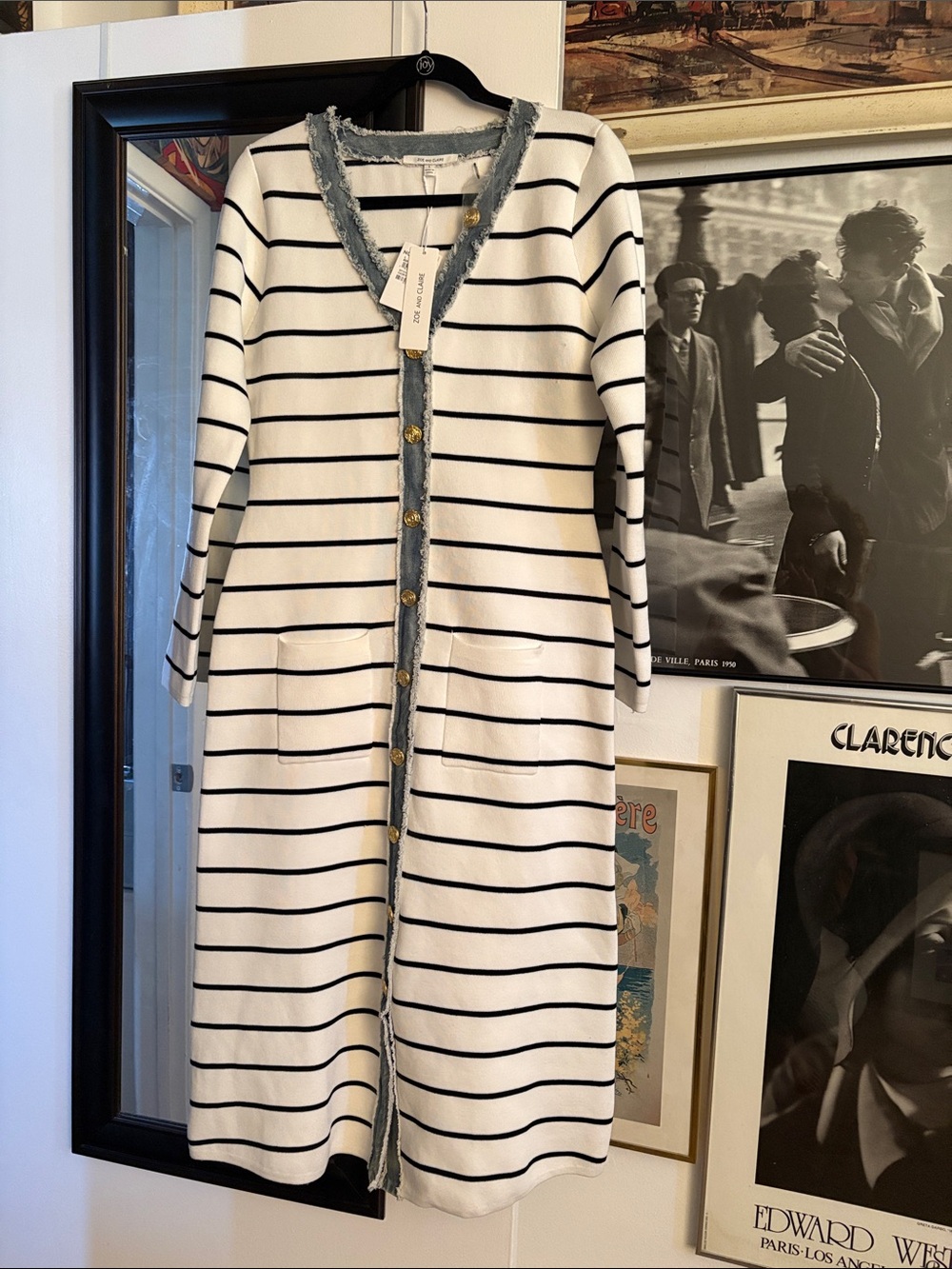 Zoe & Claire Striped Cotton Longline Cardigan Dress - White & Navy L